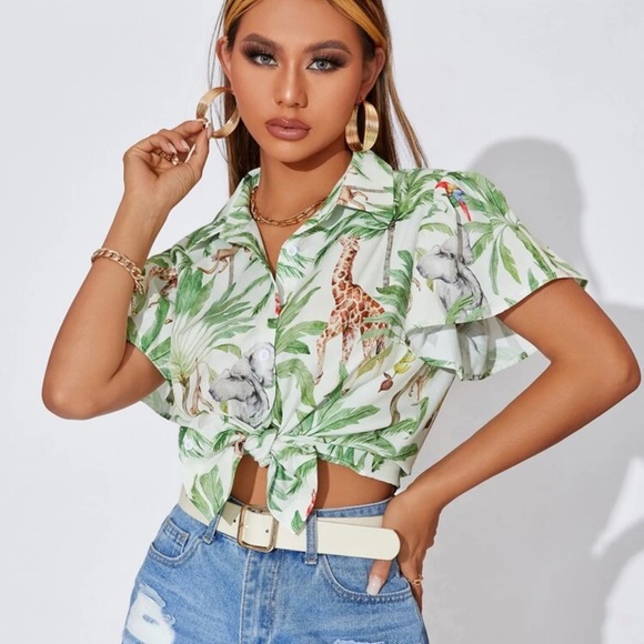 Palm Tree & Animal Print Puff Sleeve Blouse - Picture 2 of 4